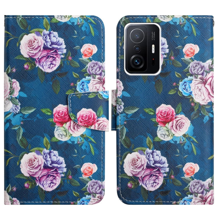 Flip leather phone case with painted roses on blue background and matching card holder