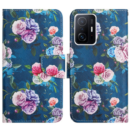 Flip leather phone case with painted roses on blue background and matching card holder