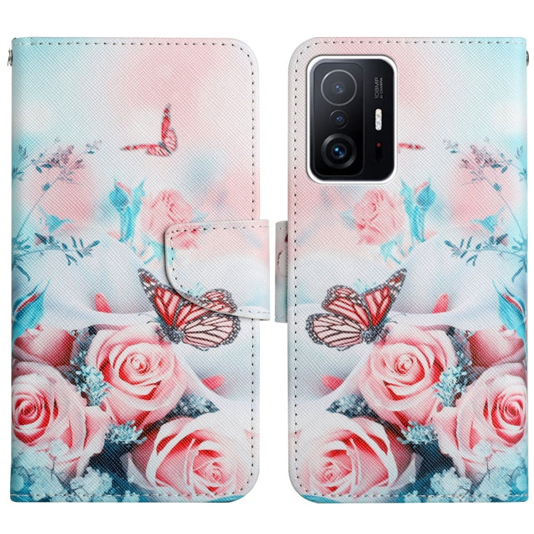 Flip leather phone case with red roses and butterfly pattern, front card pocket