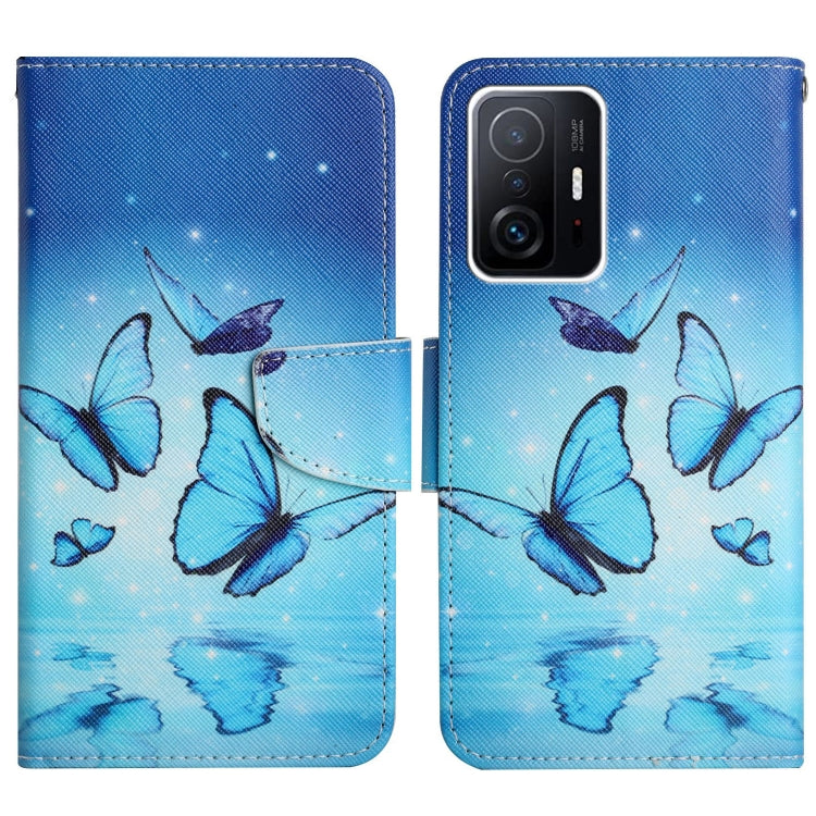 Flip leather phone case with blue butterflies and cloud-reflection pattern