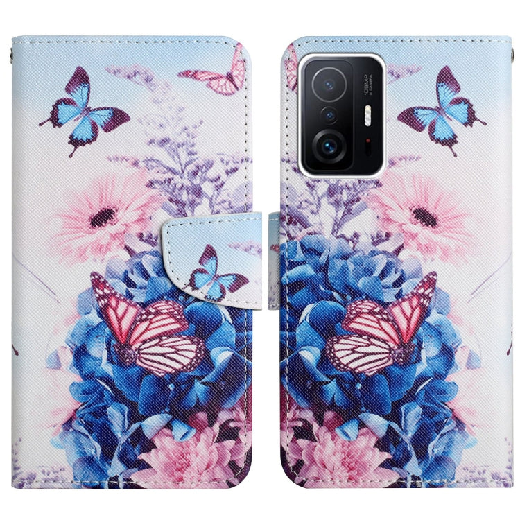 Flip leather phone case with purple and pink butterflies over blue floral pattern