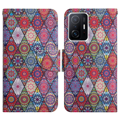 Flip leather phone case with colorful geometric pattern and stitched-look edges