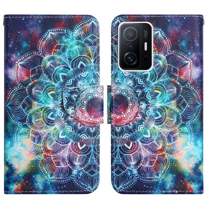 Flip leather phone case with galaxy mandala pattern in blue, teal, and red