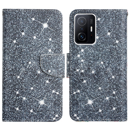 Flip leather phone case with starry galaxy glitter pattern and front flap