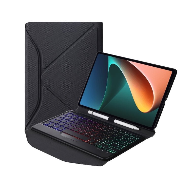Bluetooth keyboard leather case with triangle back support, open with tablet and multicolor backlit keys