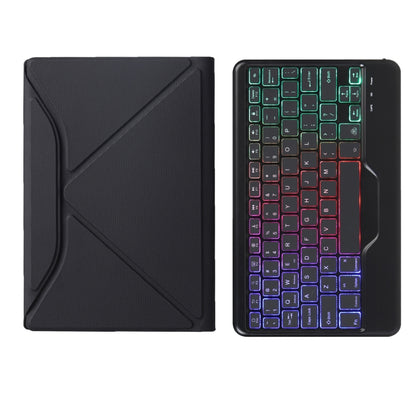 Bluetooth keyboard leather case, closed cover and open view with multicolor backlit keyboard keys
