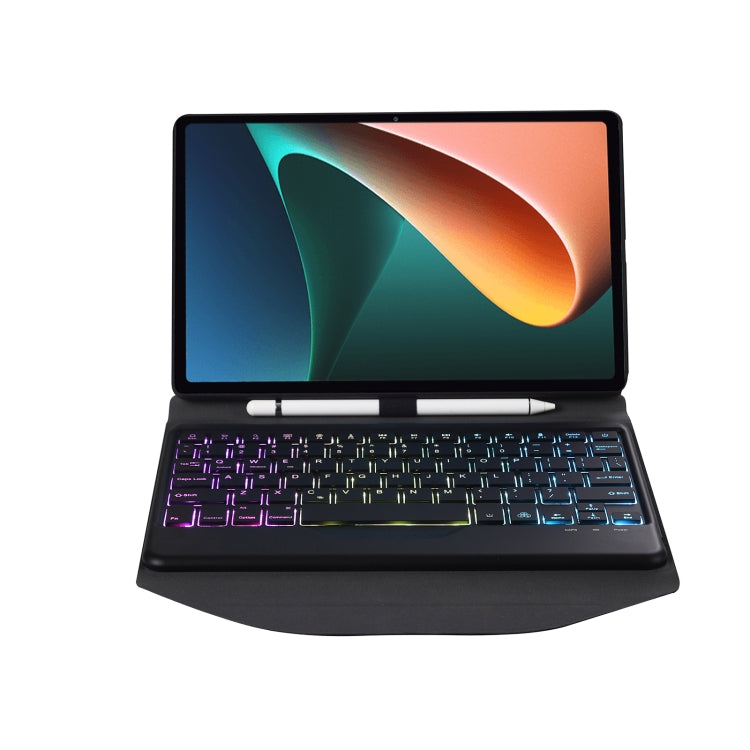 Bluetooth keyboard leather case open with tablet and colorful backlit keys; includes stylus