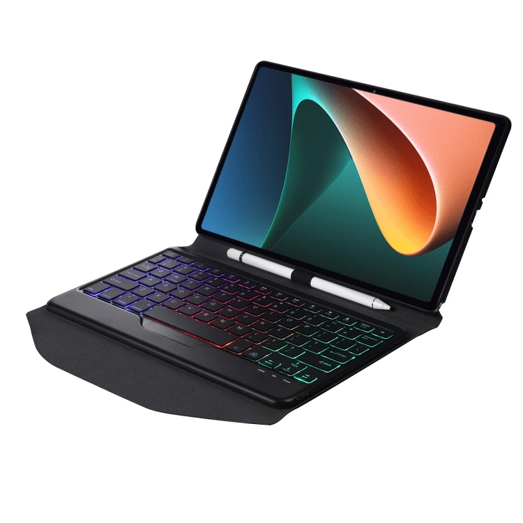 Bluetooth keyboard leather case open with tablet display and multicolor backlit keyboard keys