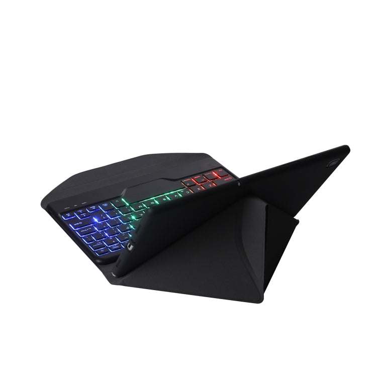 Bluetooth keyboard leather case with triangle stand open, keyboard backlight glowing in rainbow colors