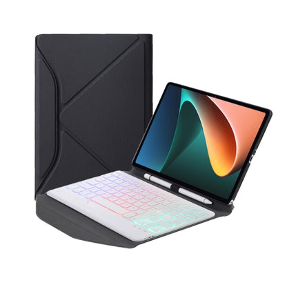 Bluetooth keyboard leather case open with tablet and white backlit keyboard keys; triangle support