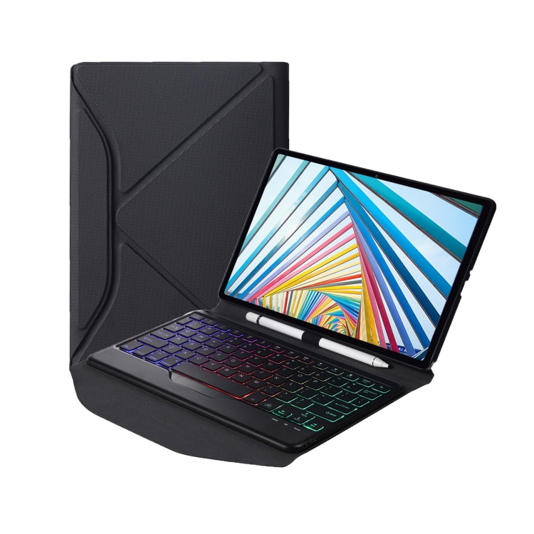 Bluetooth keyboard leather case open with tablet screen and multicolor backlit keys