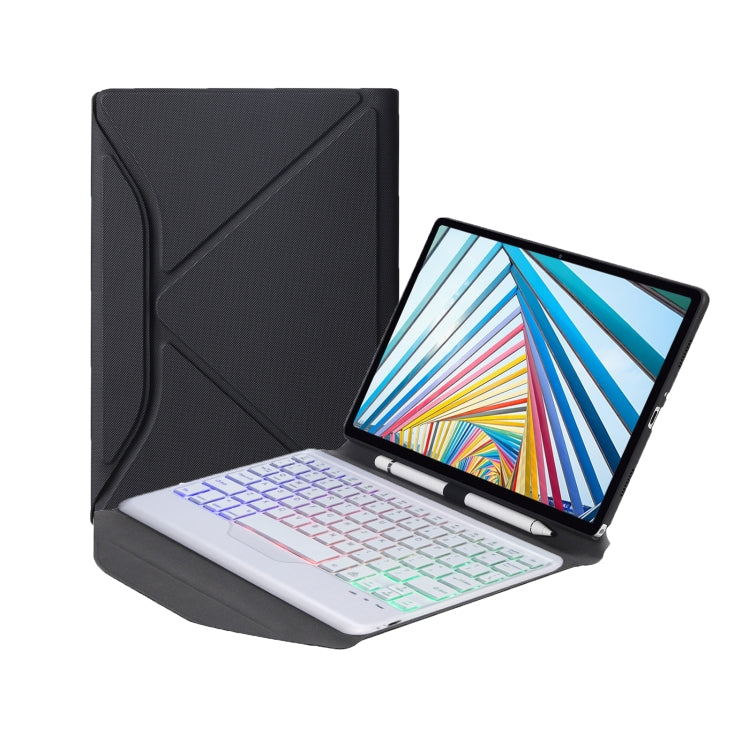 Bluetooth keyboard leather case open with tablet and white backlit keyboard keys