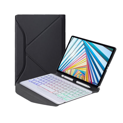 Bluetooth keyboard leather case open with tablet and white backlit keyboard keys