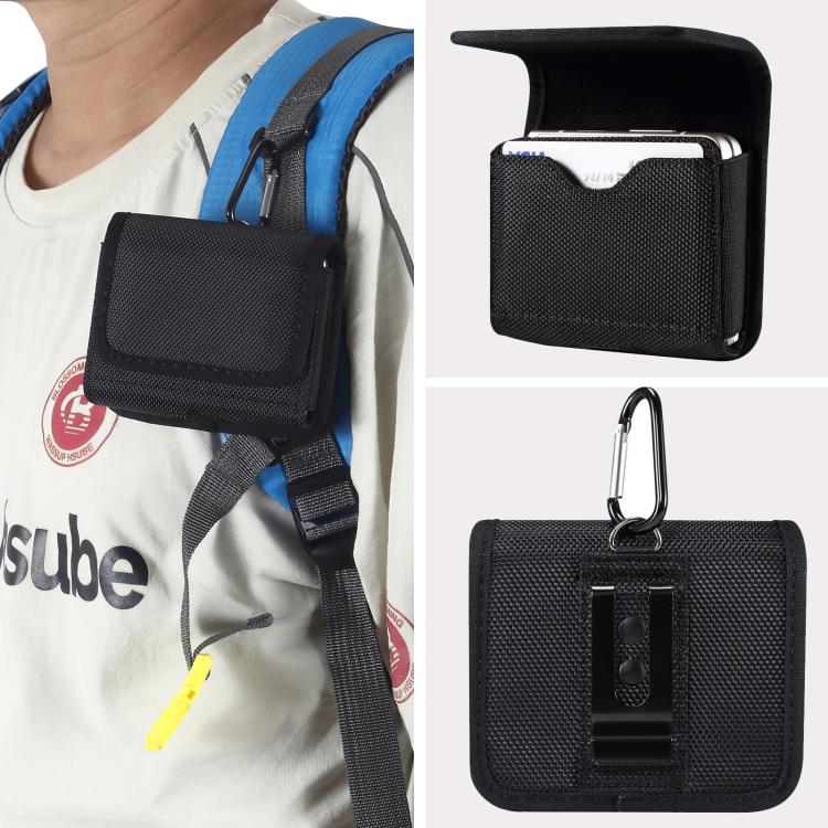 Black textured folding phone case with front flap and shoulder strap pocket