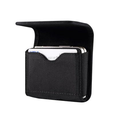 Black textured folding phone case with open front flap and card slot