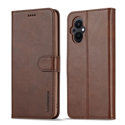 Coffee-brown calf-texture leather folio phone case with side strap and camera cutout