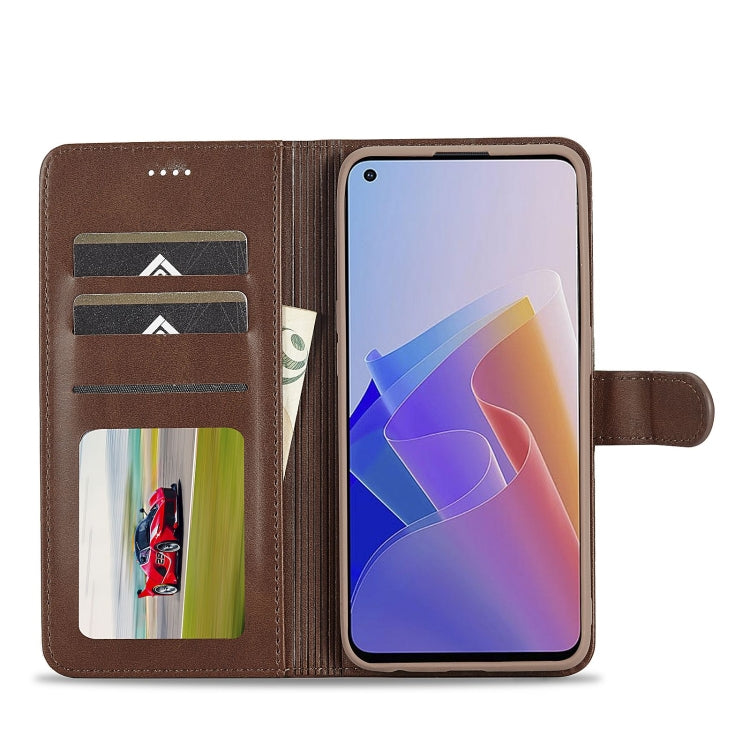 Coffee-brown calf-texture leather folio phone case with card slots and open stand
