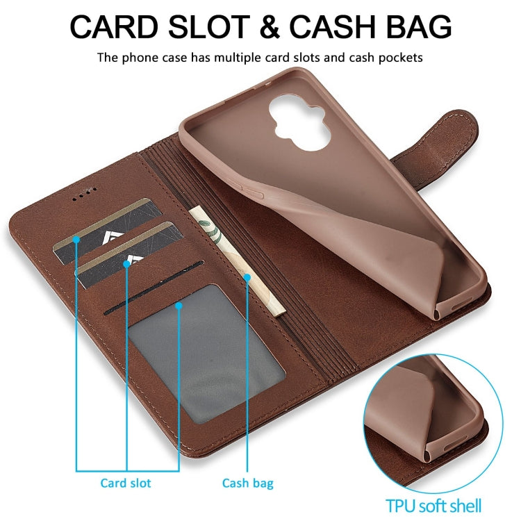 Coffee-brown calf-texture leather wallet phone case with card slots and cash pocket