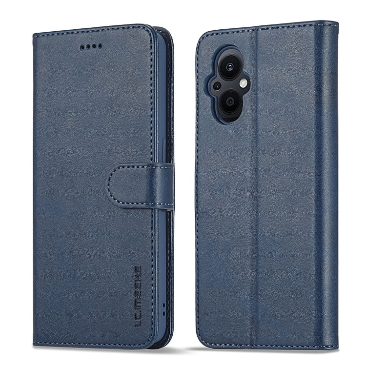 Blue calf-texture leather folio phone case with side strap and camera cutout
