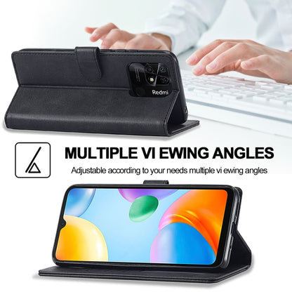 Calf-texture leather phone case for Xiaomi Redmi 10C, black with stand for viewing