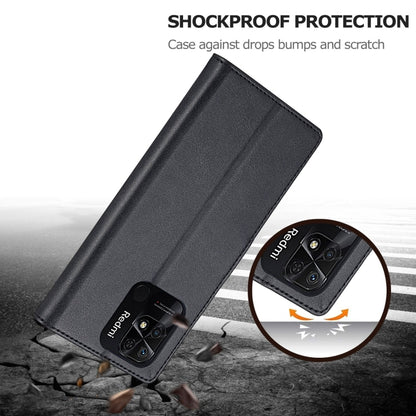 Calf-texture leather phone case for Xiaomi Redmi 10C, black with reinforced corners