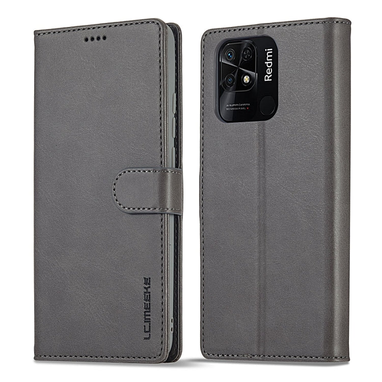 Calf-texture leather phone case for Xiaomi Redmi 10C, grey with magnetic flap