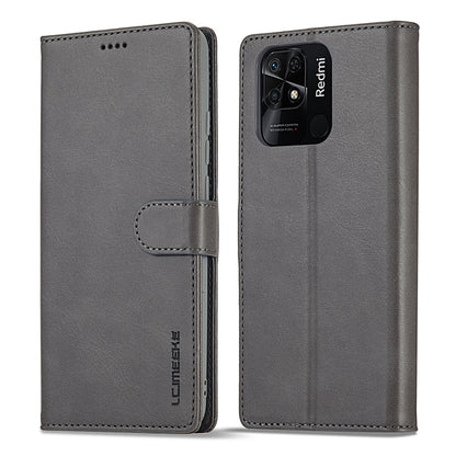 Calf-texture leather phone case for Xiaomi Redmi 10C, grey with magnetic flap