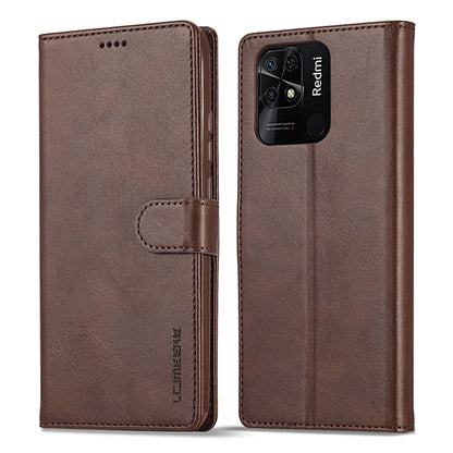 Calf-texture leather flip phone case for Xiaomi Redmi 10C, brown with flap
