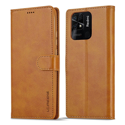 Calf-texture leather phone case for Xiaomi Redmi 10C, brown, with folio wallet flap