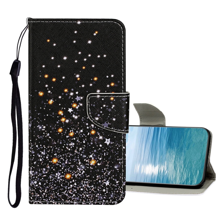 Black flip leather phone case with starry galaxy print and snap clasp