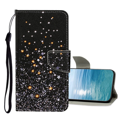Black flip leather phone case with starry galaxy print and snap clasp
