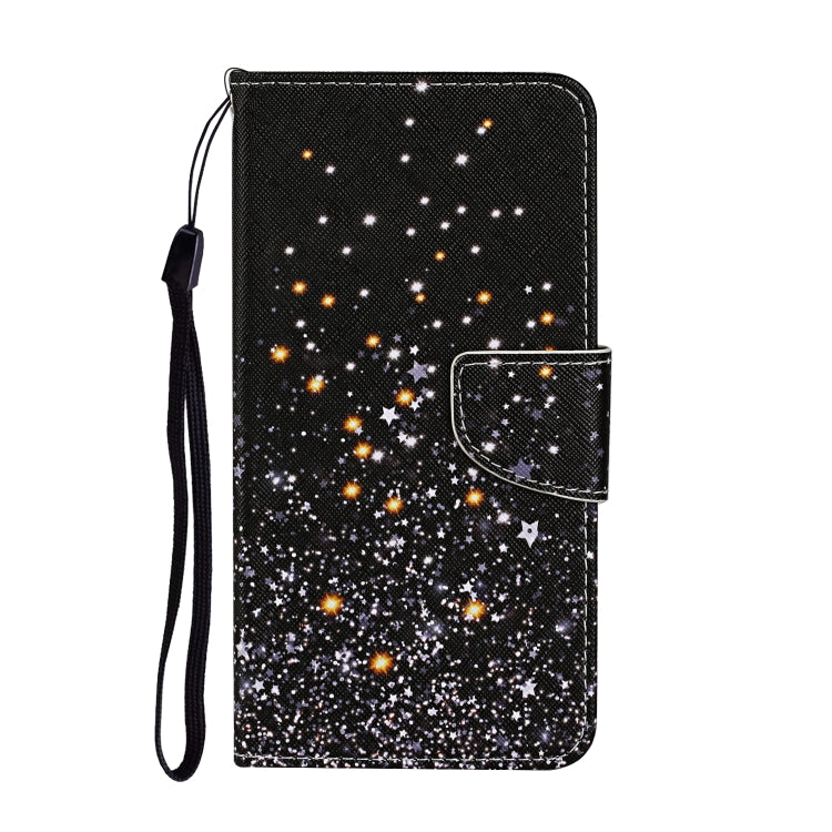 Black flip leather phone case with starry galaxy print and wrist strap