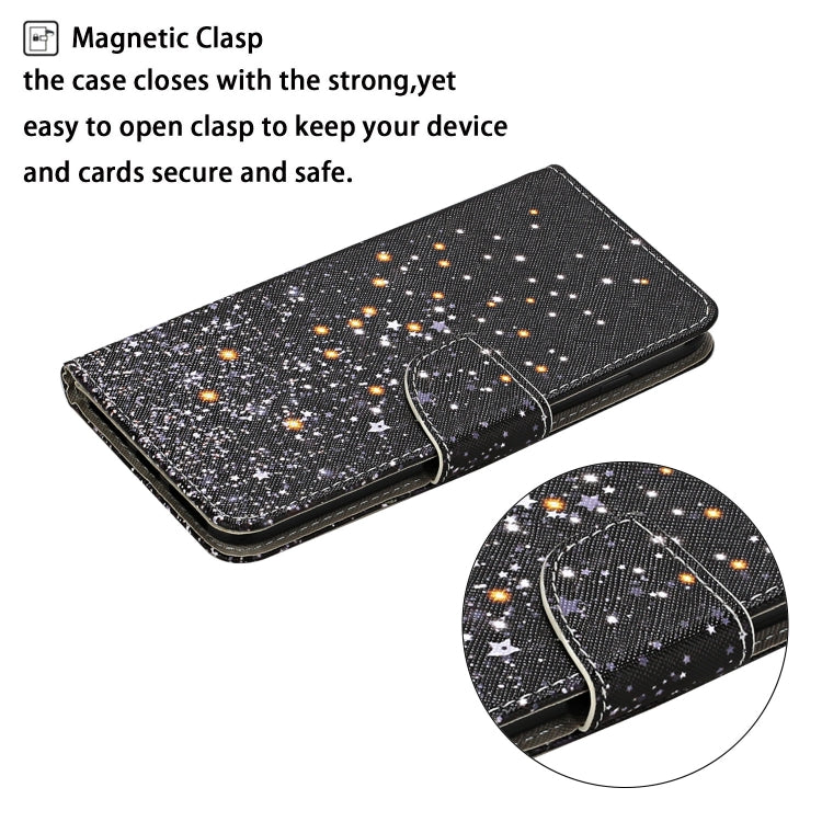 Black flip leather phone case with starry galaxy print and magnetic clasp