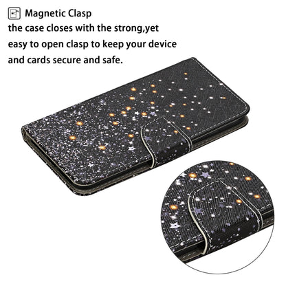 Black flip leather phone case with starry galaxy print and magnetic clasp