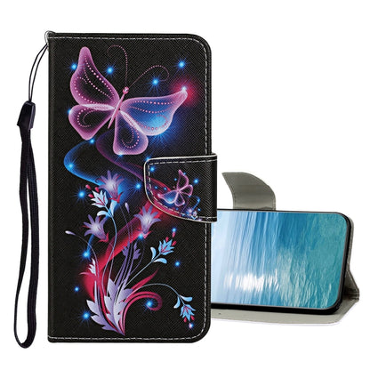 Black flip leather phone case with neon butterfly and floral graphic, snap clasp