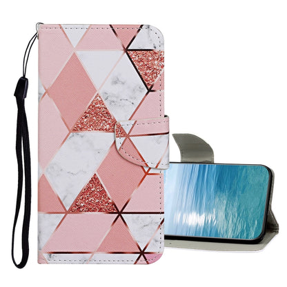Pink and white patchwork flip leather phone case with glitter triangle pattern