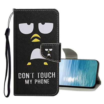 Black flip leather phone case with cat-eye graphic and snap clasp