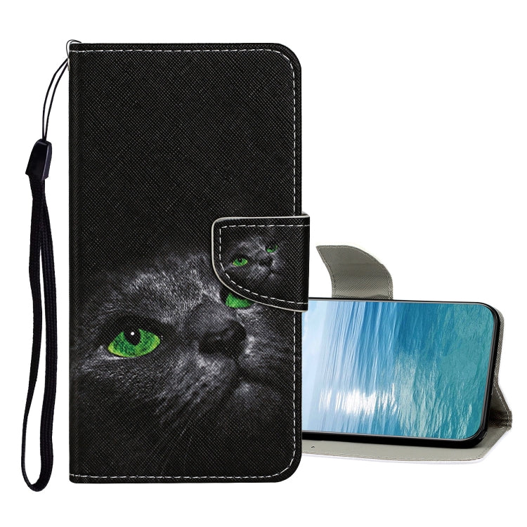 Black flip leather phone case with black cat face graphic and snap clasp