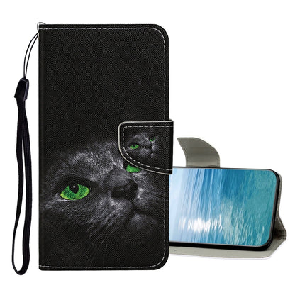 Black flip leather phone case with black cat face graphic and snap clasp