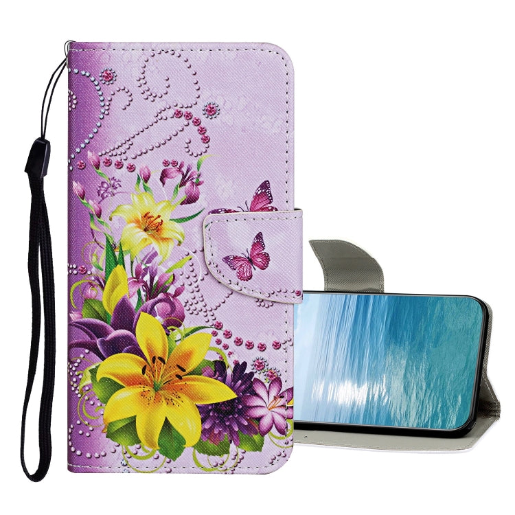 Purple floral flip leather phone case with butterfly and wrist strap, card slot
