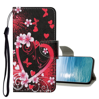 Black red floral flip leather phone case with hearts, wrist strap, card slot