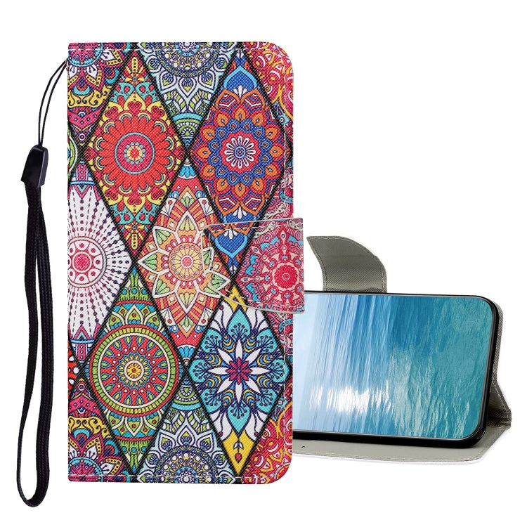Flip leather phone case with colorful ethnic mandala pattern and wrist strap, magnetic flap