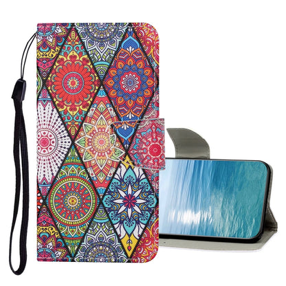 Flip leather phone case with colorful ethnic mandala pattern and wrist strap, magnetic flap