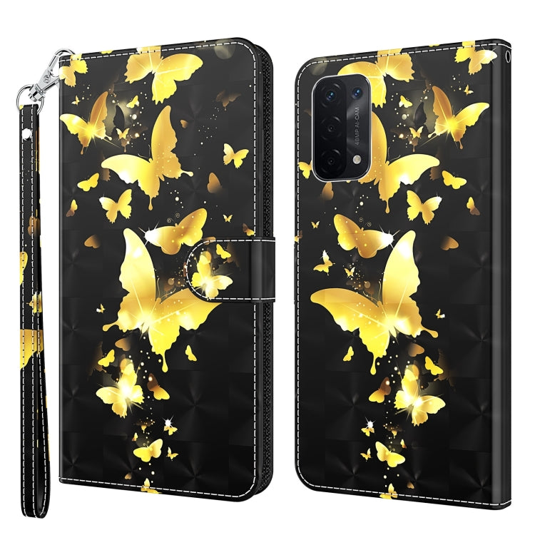 Flip leather phone case with gold butterfly 3D pattern, shown with wrist strap.