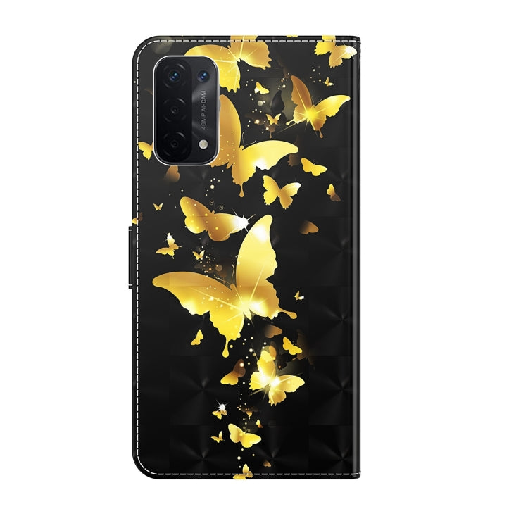 Flip leather phone case with gold butterfly 3D pattern and rear camera cutout.