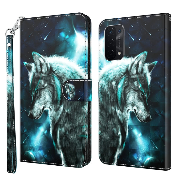 Flip leather phone case with glowing wolf 3D pattern, front cover and back shown.