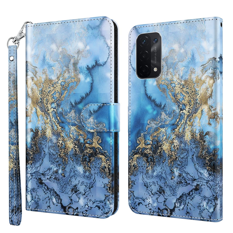 Flip leather phone case with blue and gold swirl 3D pattern, front cover closed.