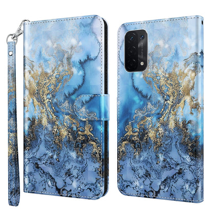Flip leather phone case with blue and gold swirl 3D pattern, front cover closed.