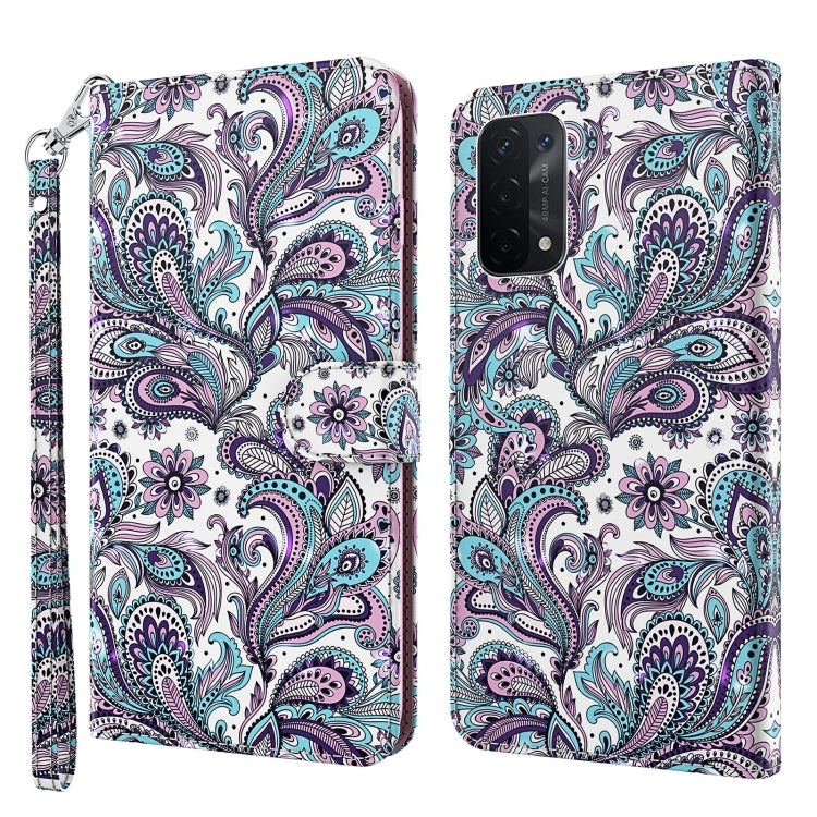 Flip leather phone case with colorful paisley birds and flowers; includes wrist strap.