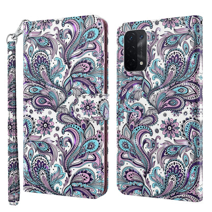 Flip leather phone case with colorful paisley birds and flowers; includes wrist strap.